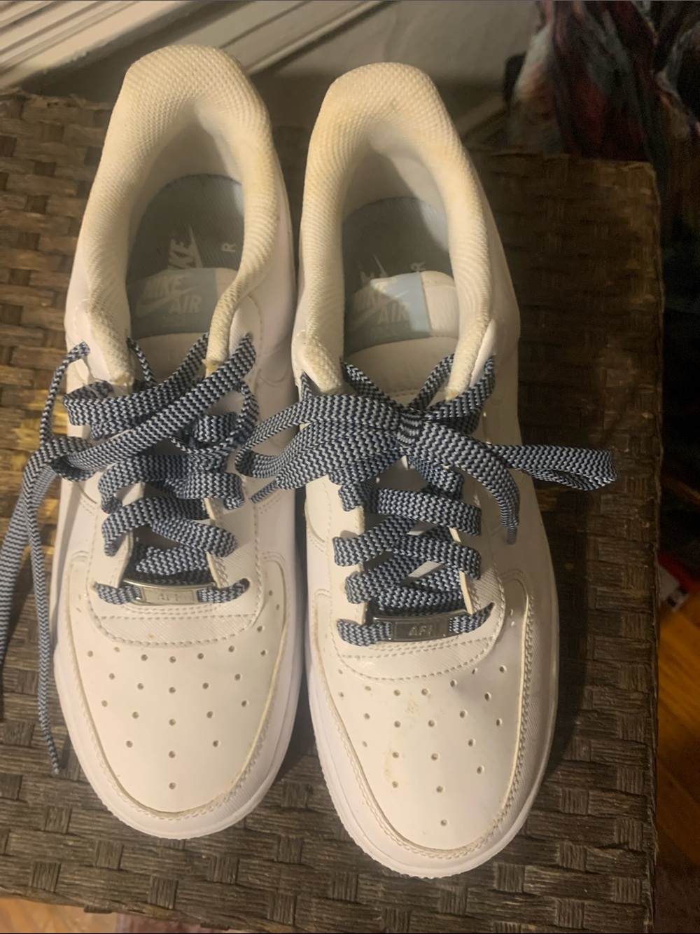 Nike White Air Force 1 Sneakers with Navy Patterned Laces